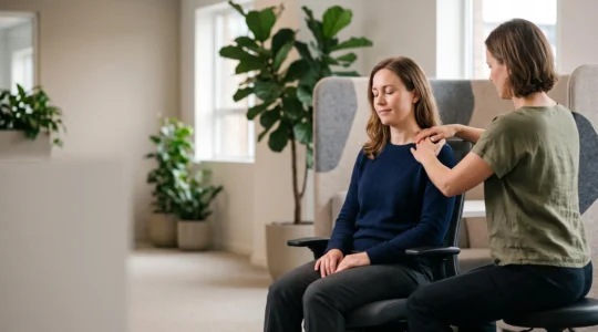 Praticien réalisant une séance de réflexologie sur les mains d'une personne habillée assise sur une chaise de bureau