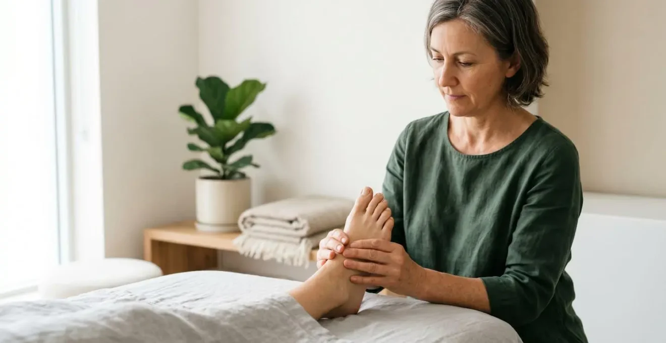 Mains d'un praticien tenant délicatement un pied nu dans un cabinet de soin lumineux et épuré, symbole du dialogue entre médecine naturelle et soins conventionnels
