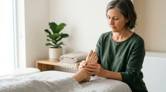 Mains d'un praticien tenant délicatement un pied nu dans un cabinet de soin lumineux et épuré, symbole du dialogue entre médecine naturelle et soins conventionnels