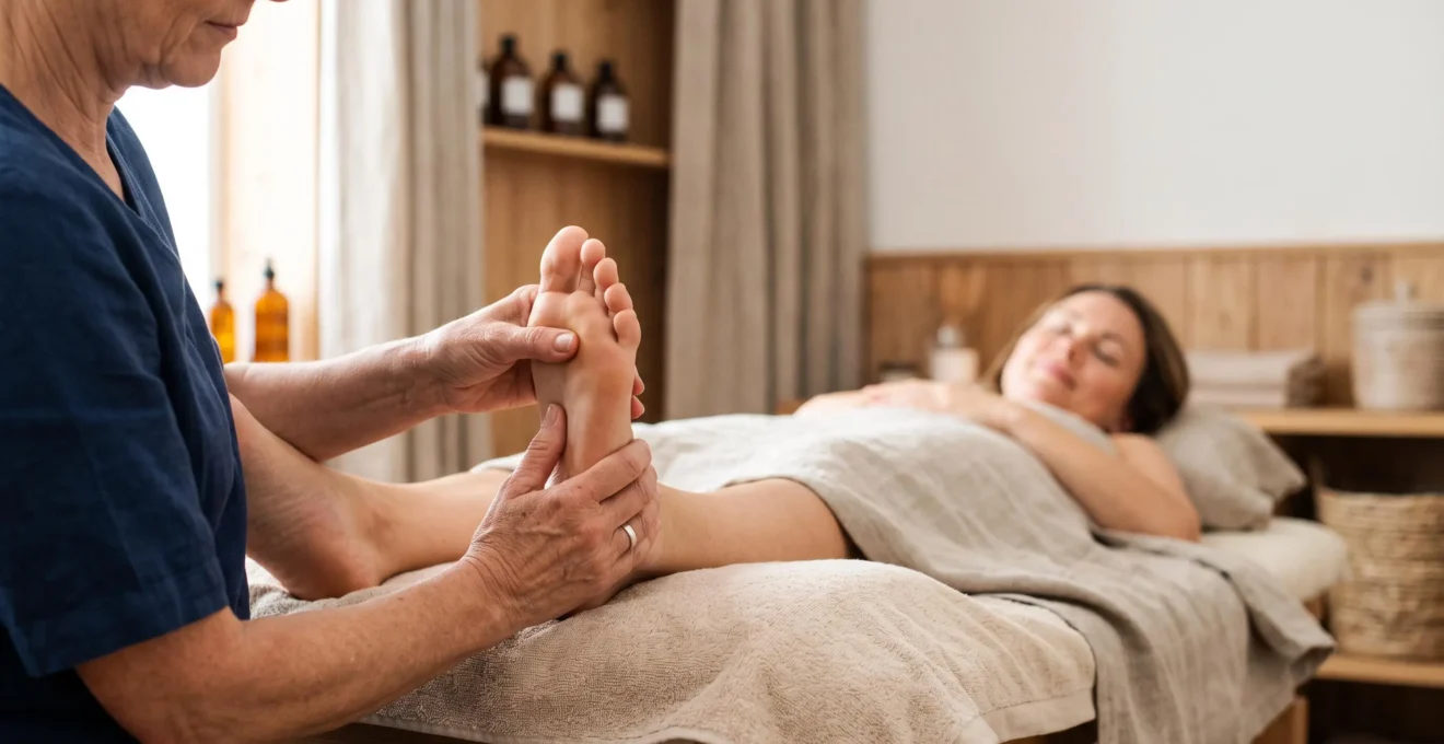 Praticienne de réflexologie ajustant sa pression avec précision sur le pied d'un client lors d'une séance personnalisée