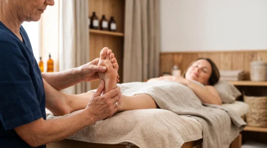 Praticienne de réflexologie ajustant sa pression avec précision sur le pied d'un client lors d'une séance personnalisée