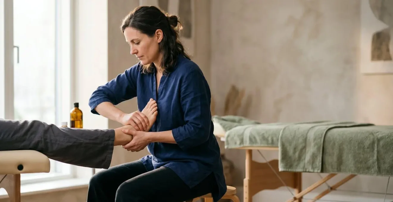 Réflexologue utilisant le poids de son corps pour appliquer une pression profonde et maîtrisée sur le pied d'un client, dans un cabinet lumineux et épuré