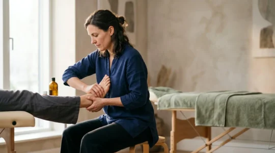 Réflexologue utilisant le poids de son corps pour appliquer une pression profonde et maîtrisée sur le pied d'un client, dans un cabinet lumineux et épuré