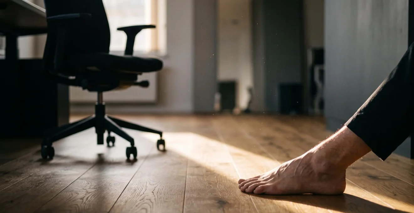 Pied nu posé sur un sol de bureau moderne, symbole du contraste entre l'immobilite du travail assis et le geste reparateur de la reflexologie