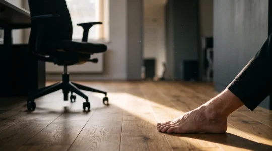 Pied nu posé sur un sol de bureau moderne, symbole du contraste entre l'immobilite du travail assis et le geste reparateur de la reflexologie