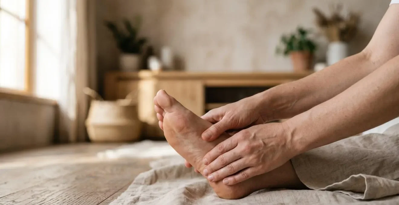 Mains pratiquant une pression de réflexologie sur un pied dans une lumière douce matinale, symbolisant le réveil du pouvoir d'auto-guérison du corps