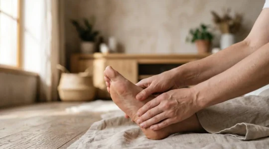 Mains pratiquant une pression de réflexologie sur un pied dans une lumière douce matinale, symbolisant le réveil du pouvoir d'auto-guérison du corps