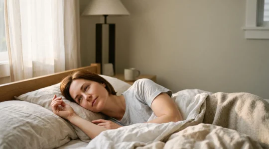 Personne se réveillant paisiblement dans une lumière douce du matin, symbole d'un sommeil enfin réparateur