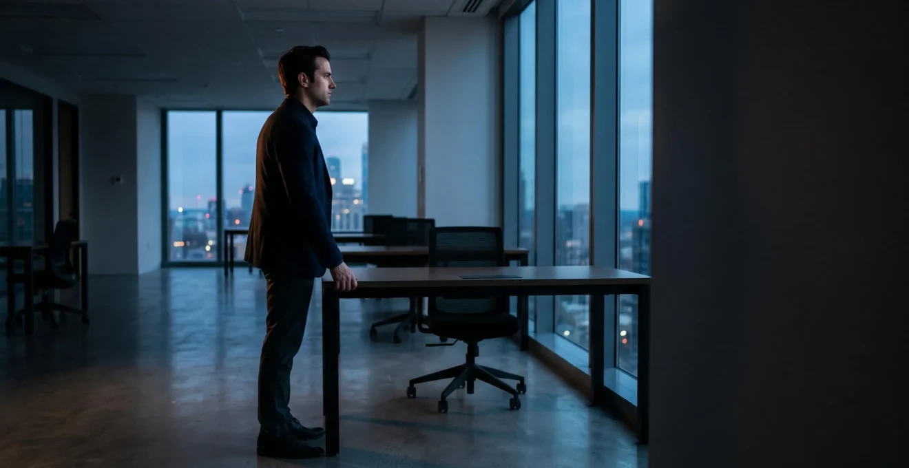 Silhouette d'une personne figée dans un bureau au crépuscule, symbolisant un système nerveux sympathique bloqué en état d'alerte permanente