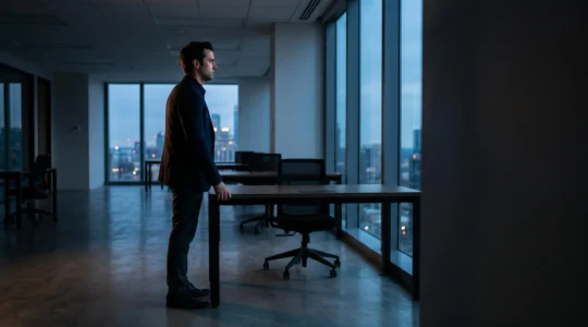 Silhouette d'une personne figée dans un bureau au crépuscule, symbolisant un système nerveux sympathique bloqué en état d'alerte permanente
