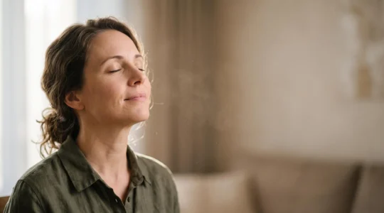 Portrait sensible d'une personne les yeux fermés, submergée par une émotion déclenchée par une odeur invisible